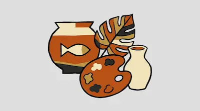 Flat illustration of an artist palette, two ceramic vases, and a monstera leaf in earthy tones on a grey background