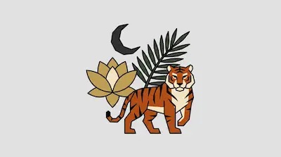 Flat illustration of a tiger standing by a golden lotus flower and a palm leaf under a crescent moon