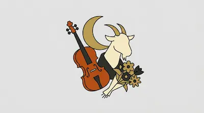 Flat illustration of a goat head, a brown cello, a crescent moon, and a bouquet of flowers on a light gray background