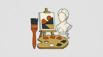 Flat illustration of an art easel with a landscape painting, a wooden palette, a large brush, and a white bust sculpture