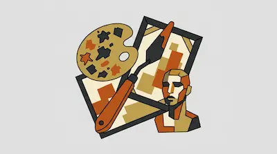 Flat illustration of an artist palette, a palette knife, and a geometric bust sculpture against two framed canvases