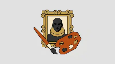 Flat illustration of a framed portrait of a man in a ruff collar, with a paintbrush and a wooden palette in the foreground
