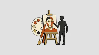 Flat illustration of a black silhouette painting a geometric portrait on an easel with a large palette and brush.