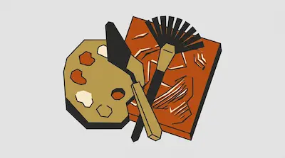A tan paint palette, a palette knife, and a fan brush layered over an orange rectangular block.