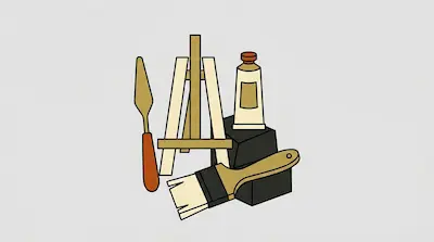 A collection of art supplies including a palette knife, a small easel, a tube of paint, and a wide paintbrush.