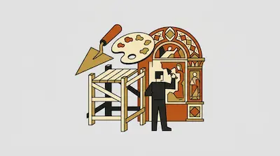 A person in black works on a mural within an arched structure, next to a wooden scaffold and floating tools including a trowel and a paint palette.