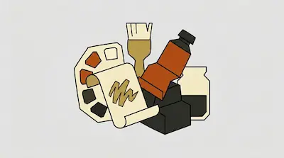Flat illustration of art supplies including a paint brush, a tube of paint, and a palette on a light grey background