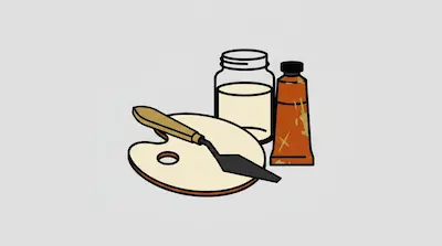 A palette knife rests on a palette next to a jar and a tube of orange paint.