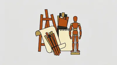 Flat illustration of art supplies including a wooden easel, a sketchbook, and a jointed mannequin on a gray background