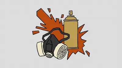 Flat illustration of a black respirator mask and a gold spray paint can against an orange splash on a gray background