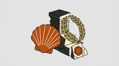 An orange scallop shell, a golden laurel wreath, and a document with a red wax seal are grouped in front of a stylized architectural column.