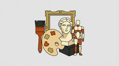 A collection of art supplies including a paintbrush, palette, picture frame, classical bust, and artist's mannequin.