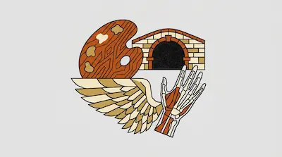 A wooden artist's palette, a stone archway, a feathered wing, and an anatomical hand are arranged in a circular composition.