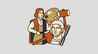A person in historical clothing stands next to an artist's palette, mallets, a chisel, and a sculpted bust.
