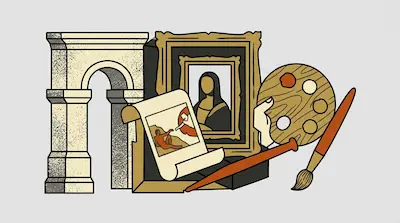 A stone arch, a framed portrait, a scroll, a wooden palette, and a paintbrush are grouped together.