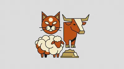 Flat illustration of a stylized cat head, a bull, and a fluffy sheep using geometric shapes on a gray background