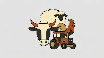 Flat illustration of a cow, a sheep, a rooster, and a small tractor in a minimalist graphic style on a gray background