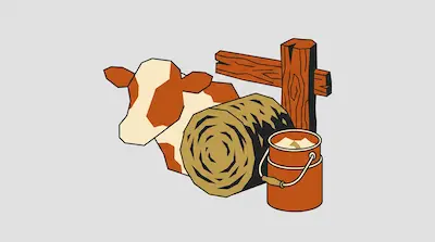 Flat illustration of a brown spotted cow, a hay bale, and a milk canister by a wooden fence on a gray background