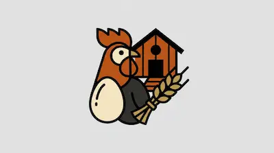 Flat illustration of a rooster, a wooden chicken coop, and a bundle of wheat stalks against a light gray background