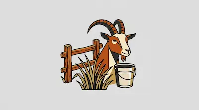 Flat illustration of a brown goat with curved horns standing by a wooden fence and a metal bucket on a gray background
