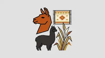 Flat illustration of a brown llama head, a black alpaca, a patterned rug, and tall grass on a light gray background