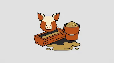 Flat illustration of a geometric pig head, a wooden feeding trough, and a bucket of grain on a grey background