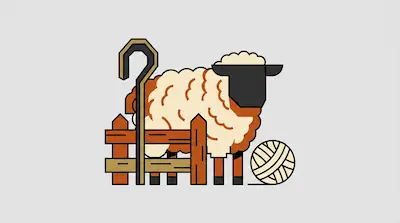 Flat illustration of a fluffy sheep standing behind a wooden fence with a shepherd crook and a ball of yarn