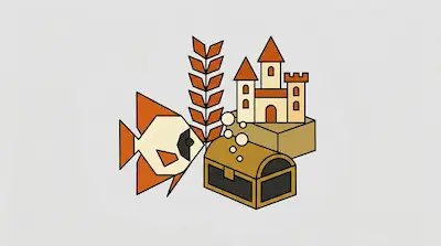 Flat illustration of an orange fish, a treasure chest, and a small castle on a light grey background