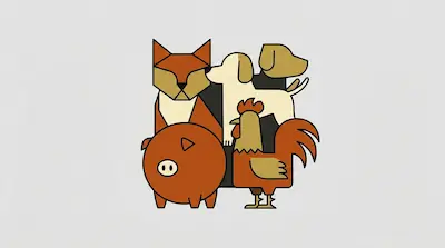 Flat illustration of a fox, pig, and rooster composed of geometric shapes and thick outlines on a gray background