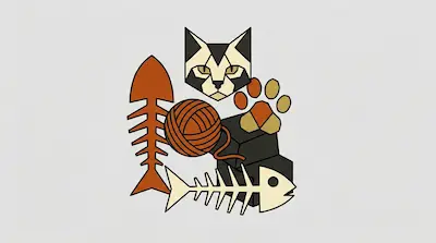 Flat illustration of a geometric cat head, fish skeletons, a ball of yarn, and a paw print on a light gray background