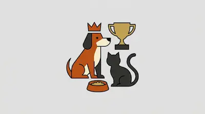 Flat illustration of a brown dog wearing a crown, a black cat, a gold trophy, and a food bowl on a gray background