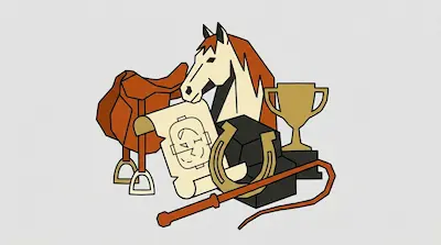 Flat illustration of a horse head, a brown saddle, a gold trophy, and a horseshoe on a light gray background