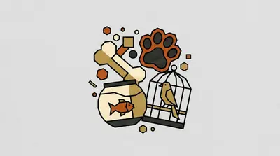 A bone, a paw print with pads, a round fishbowl with a fish inside, and a birdcage with a bird perched on a bar.