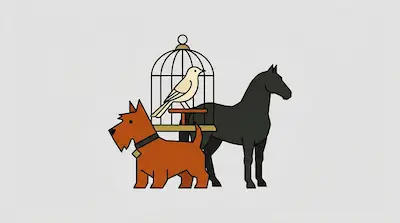 Flat illustration of a brown terrier dog, a black horse, and a white bird in a cage on a light gray background