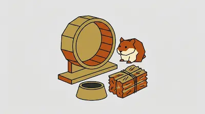 Flat illustration of a hamster next to a wooden exercise wheel, a food bowl, and a bundle of hay on a gray background