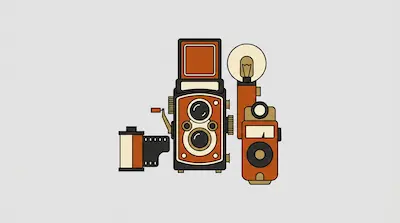 Flat illustration of a vintage twin-lens reflex camera, a roll of film, and a flash bulb on a light gray background