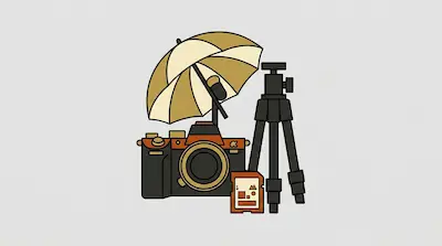 Flat illustration of a digital camera, a tripod, an SD card, and a studio umbrella on a light gray background