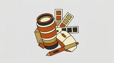 Flat illustration of a camera lens, computer mouse, and color swatches in orange and tan tones on a gray background