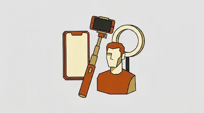 Flat illustration of a man, a ring light, and a smartphone on a selfie stick against a light grey background