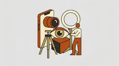 Flat illustration of a person holding a ring light next to a smartphone, a tripod, and a large eye on a grey background