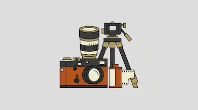 Flat illustration of a vintage rangefinder camera, a tripod, and a roll of film on a light gray background