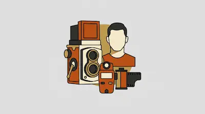 Flat illustration of a vintage twin lens camera, a light meter, and a male silhouette on a light gray background