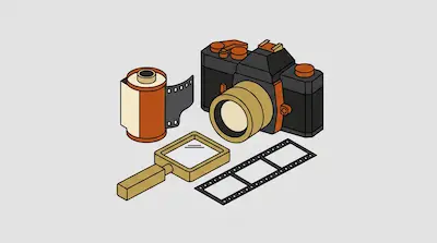 Flat illustration of a vintage camera, a roll of film, and a magnifying glass on a light gray background