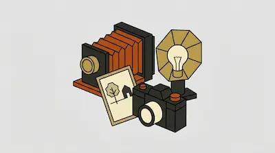 Flat illustration of a vintage bellows camera, a modern SLR, and a flash bulb with a printed photo on a gray background
