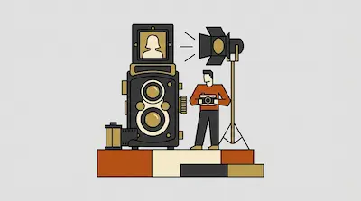 Flat illustration of a photographer standing next to a large vintage camera, a studio light, and a roll of film.