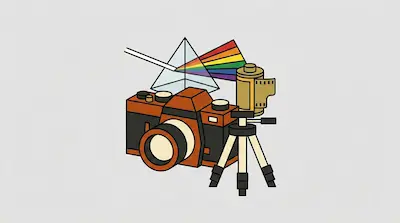 Flat illustration of a vintage camera, a tripod, a film canister, and a glass prism refracting a rainbow of light