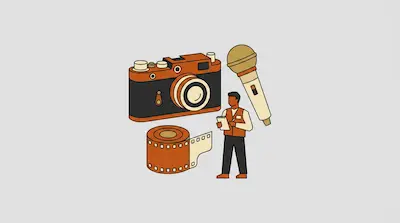 Flat illustration of a journalist with a notepad, a large vintage camera, a microphone, and a roll of film.