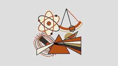 Geometric depictions of an atom, a pendulum, a magnet, and a prism refracting light in earth tones.
