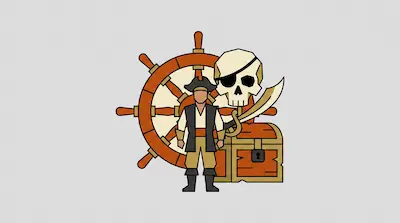 Flat illustration of a pirate standing before a wooden ship wheel, a treasure chest, and a skull with an eye patch