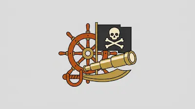 Flat illustration of pirate icons including a wooden ship wheel, a skull flag, a telescope, and a curved cutlass sword